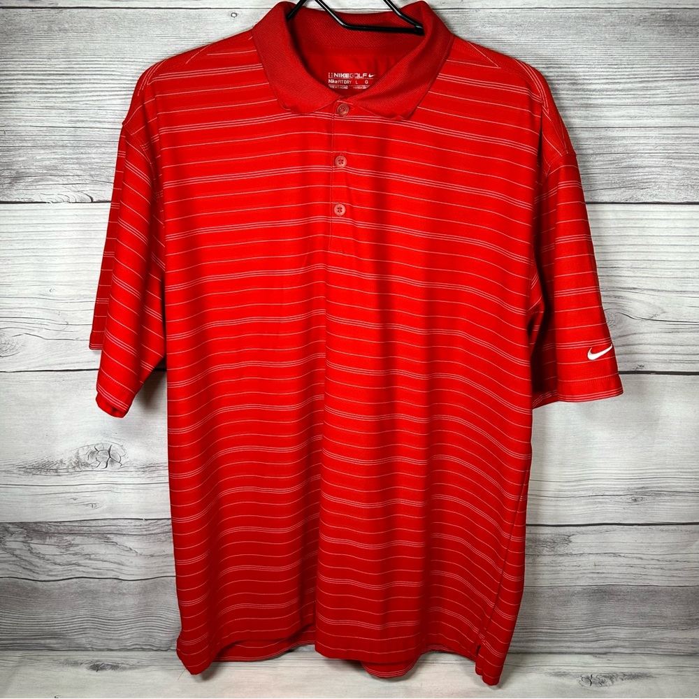 Nike Golf Dri Fit Polo Men’s Red Striped Short Sleeve Shirt Size Large